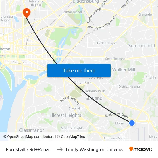 Forestville Rd+Rena Rd to Trinity Washington University map