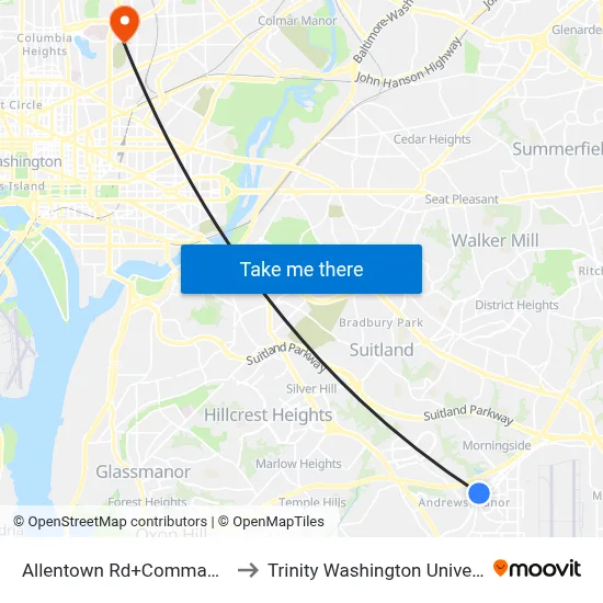 Allentown Rd+Command Dr to Trinity Washington University map