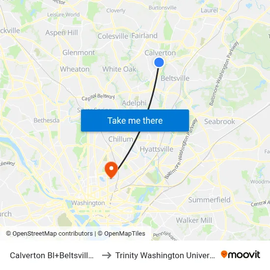 Calverton Bl+Beltsville Dr to Trinity Washington University map