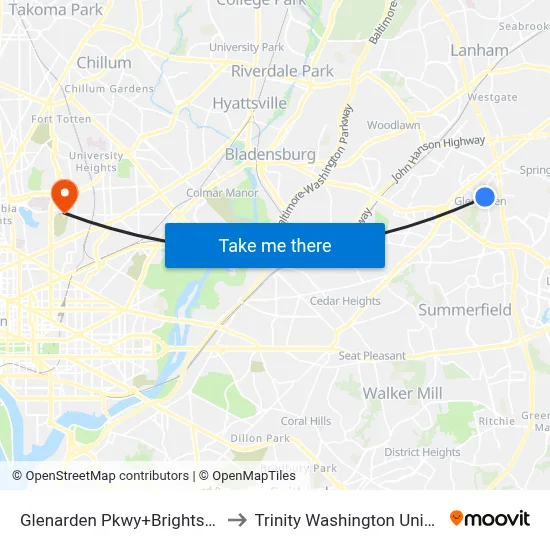 Glenarden Pkwy+Brightseat Rd to Trinity Washington University map