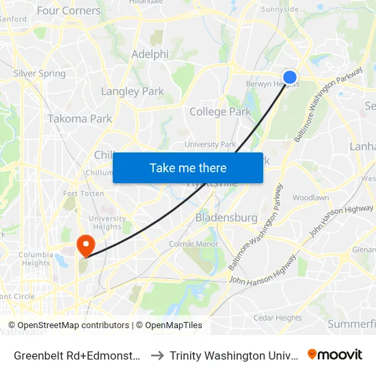 Greenbelt Rd+Edmonston Rd to Trinity Washington University map