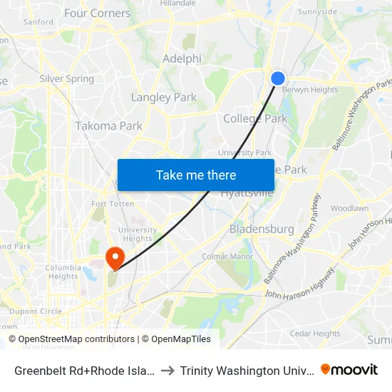 Greenbelt Rd+Rhode Island Av to Trinity Washington University map