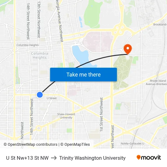 U St Nw+13 St NW to Trinity Washington University map