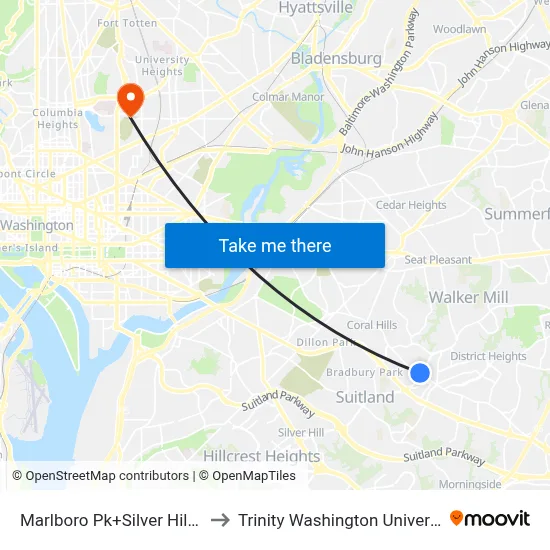 Marlboro Pk+Silver Hill Rd to Trinity Washington University map