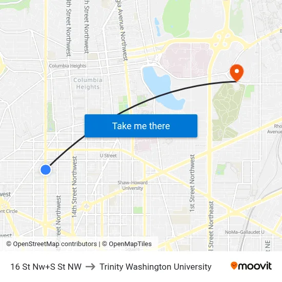 16 St Nw+S St NW to Trinity Washington University map