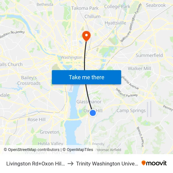 Livingston Rd+Oxon Hill Rd to Trinity Washington University map
