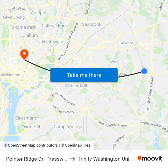 Pointer Ridge Dr+Presswick Ln to Trinity Washington University map