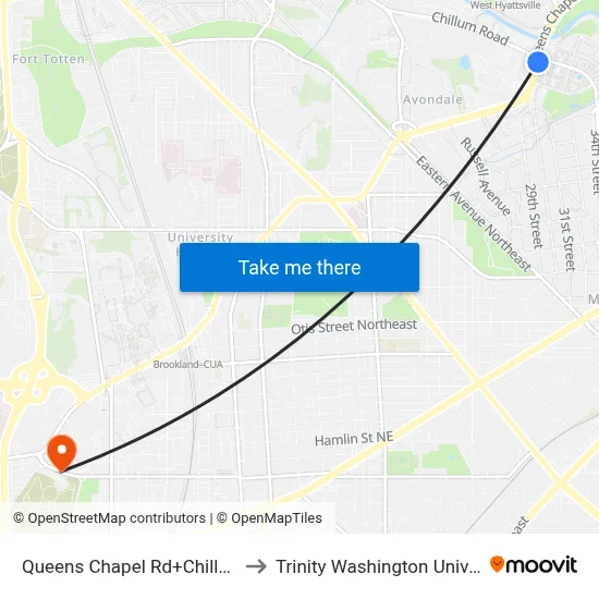 Queens Chapel Rd+Chillum Rd to Trinity Washington University map
