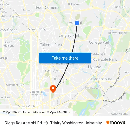 Riggs Rd+Adelphi Rd to Trinity Washington University map