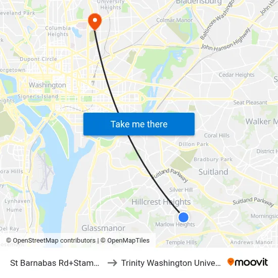 St Barnabas Rd+Stamp Rd to Trinity Washington University map
