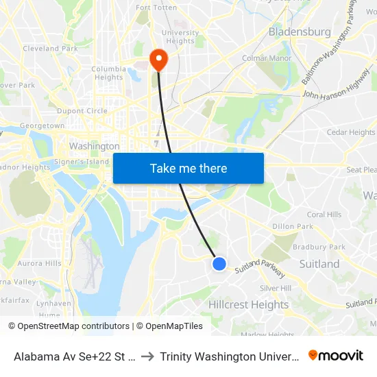 Alabama Av Se+22 St SE to Trinity Washington University map