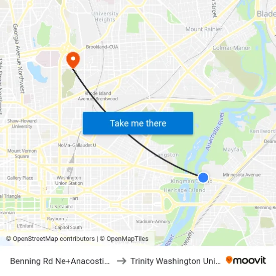 Benning Rd Ne+Anacostia Av NE to Trinity Washington University map
