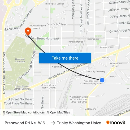 Brentwood Rd Ne+W St NE to Trinity Washington University map