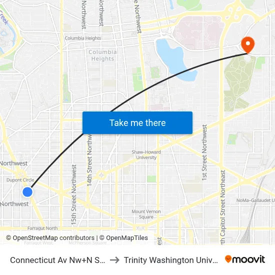 Connecticut Av Nw+N St NW to Trinity Washington University map