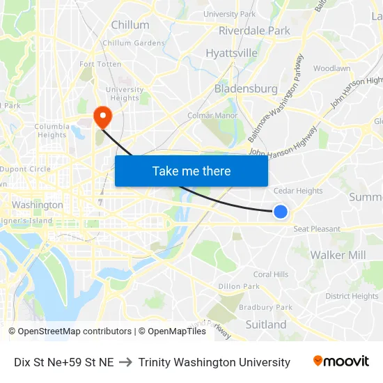 Dix St Ne+59 St NE to Trinity Washington University map