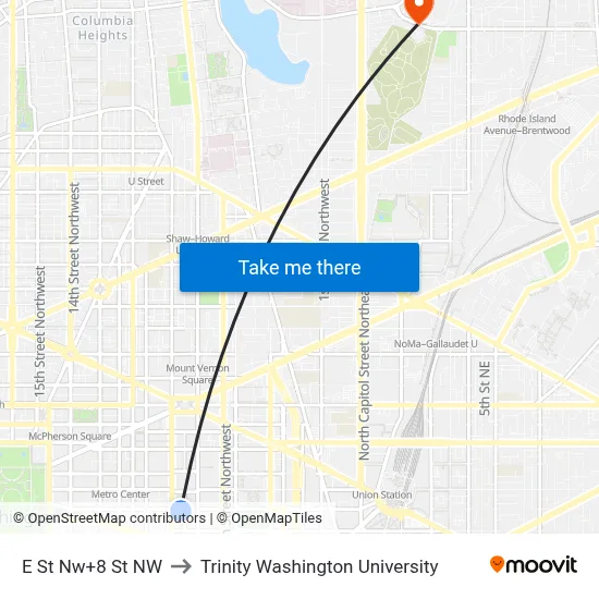 E St Nw+8 St NW to Trinity Washington University map