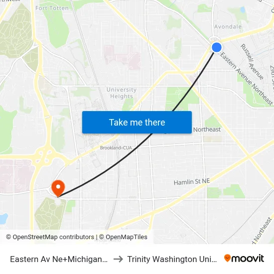Eastern Av Ne+Michigan Av NE to Trinity Washington University map
