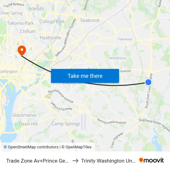 Trade Zone Av+Prince Georges Bl to Trinity Washington University map
