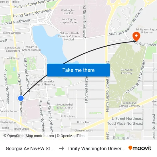Georgia Av Nw+W St NW to Trinity Washington University map