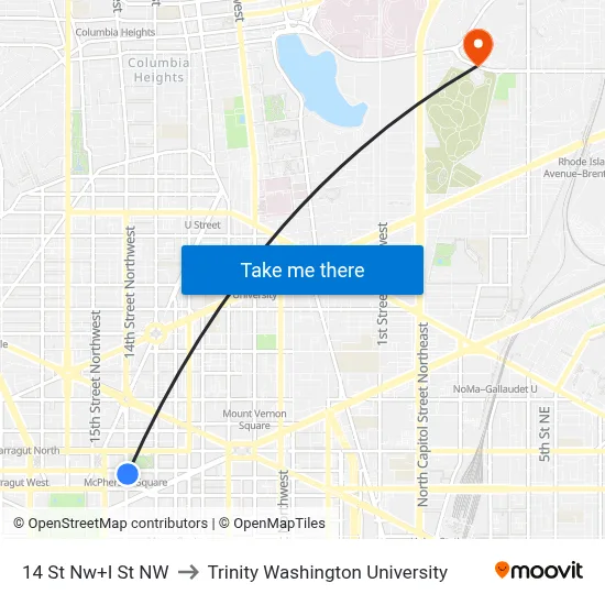14 St Nw+I St NW to Trinity Washington University map