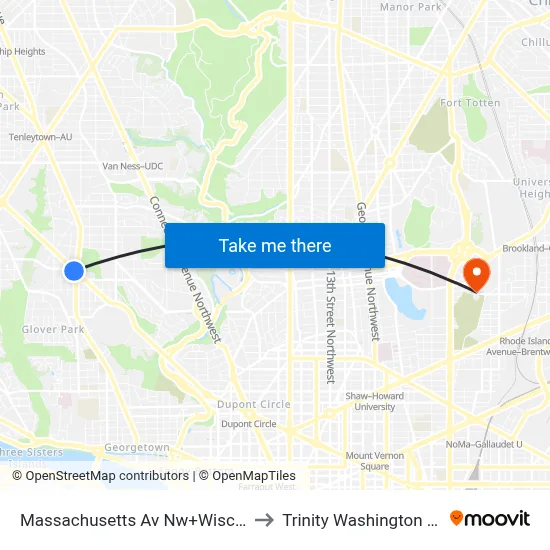 Massachusetts Av Nw+Wisconsin Av NW to Trinity Washington University map