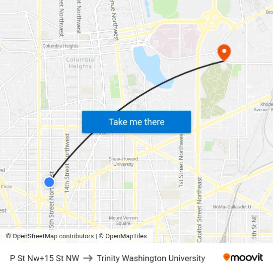 P St Nw+15 St NW to Trinity Washington University map