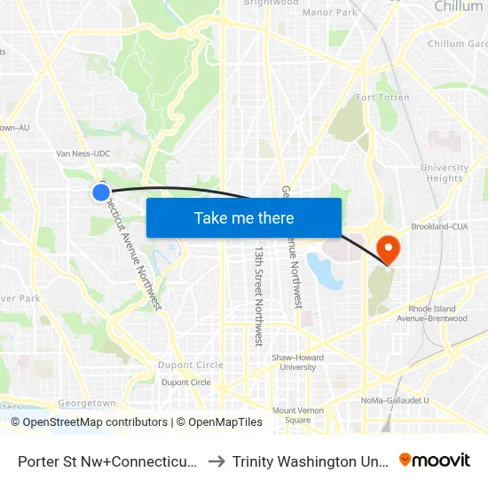 Porter St Nw+Connecticut Av NW to Trinity Washington University map