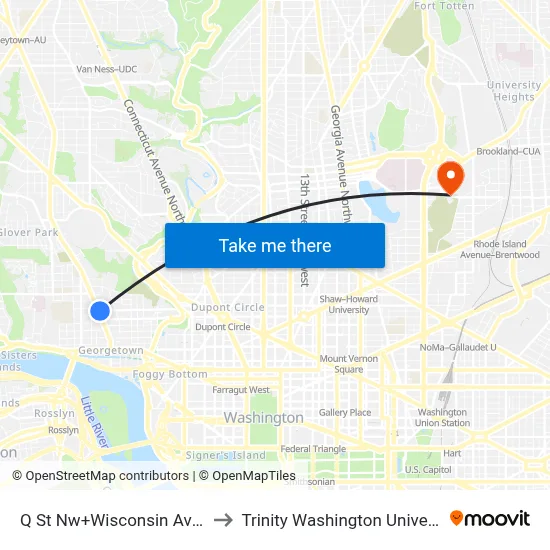 Q St Nw+Wisconsin Av NW to Trinity Washington University map