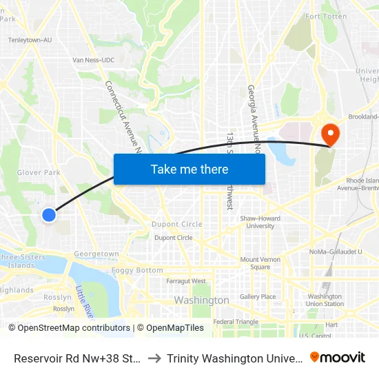 Reservoir Rd Nw+38 St NW to Trinity Washington University map