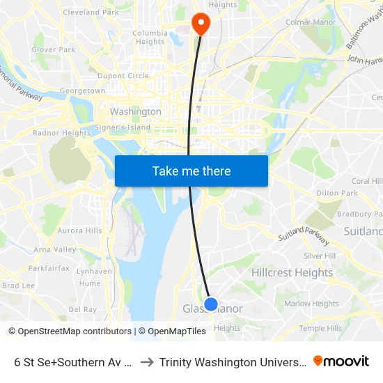 6 St Se+Southern Av SE to Trinity Washington University map