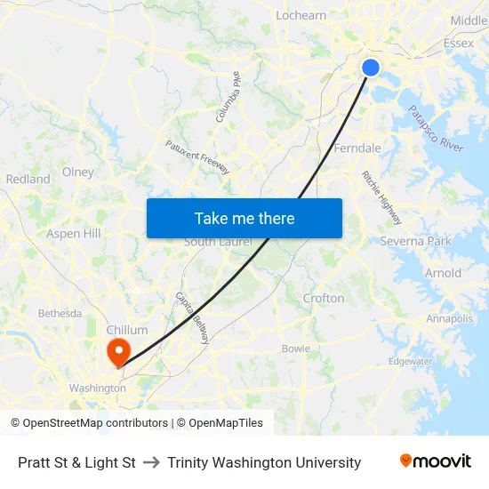 Pratt St & Light St to Trinity Washington University map