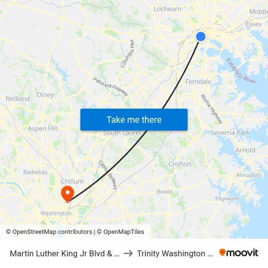 Martin Luther King Jr Blvd & Baltimore St to Trinity Washington University map