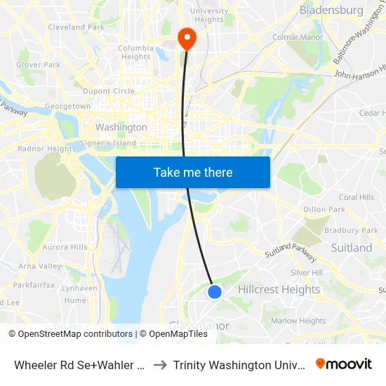 Wheeler Rd Se+Wahler Pl SE to Trinity Washington University map