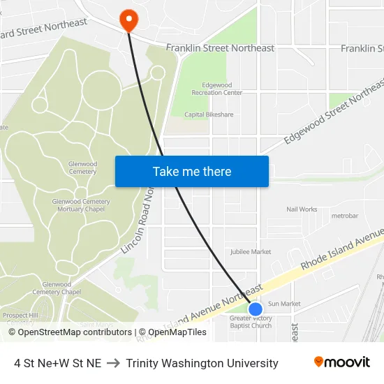 4 St Ne+W St NE to Trinity Washington University map