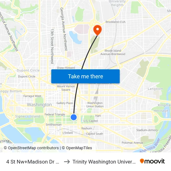 4 St Nw+Madison Dr NW to Trinity Washington University map