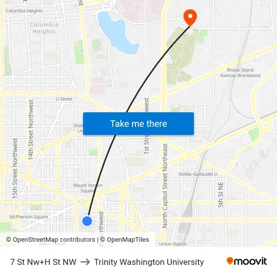 7 St Nw+H St NW to Trinity Washington University map