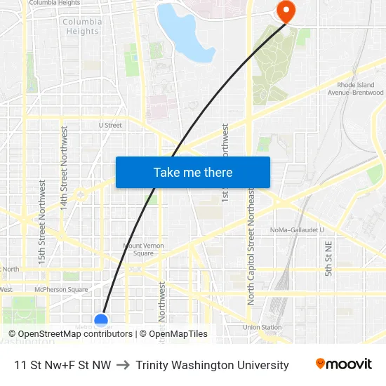 11 St Nw+F St NW to Trinity Washington University map