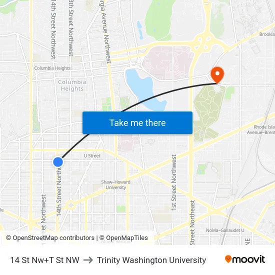 14 St Nw+T St NW to Trinity Washington University map