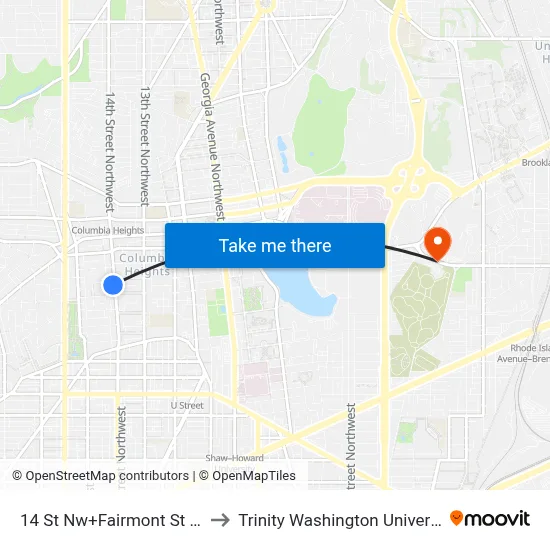 14 St Nw+Fairmont St NW to Trinity Washington University map