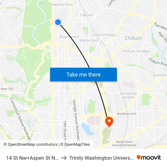 14 St Nw+Aspen St NW to Trinity Washington University map
