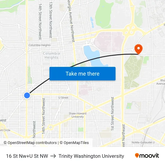 16 St Nw+U St NW to Trinity Washington University map