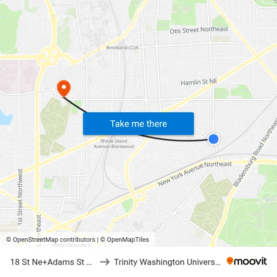 18 St Ne+Adams St NE to Trinity Washington University map