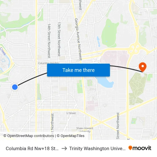 Columbia Rd Nw+18 St NW to Trinity Washington University map