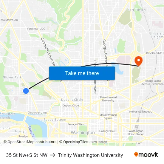 35 St Nw+S St NW to Trinity Washington University map