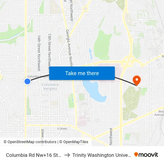 Columbia Rd Nw+16 St NW to Trinity Washington University map