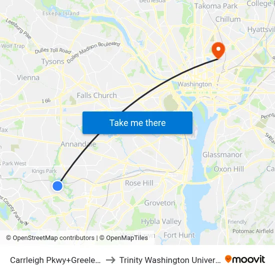 Carrleigh Pkwy+Greeley Bl to Trinity Washington University map