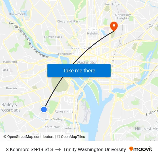 S Kenmore St+19 St S to Trinity Washington University map