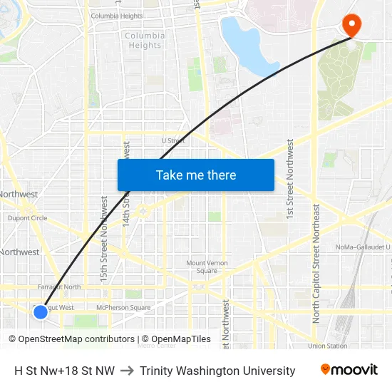 H St Nw+18 St NW to Trinity Washington University map