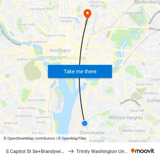 S Capitol St Se+Brandywine St SE to Trinity Washington University map