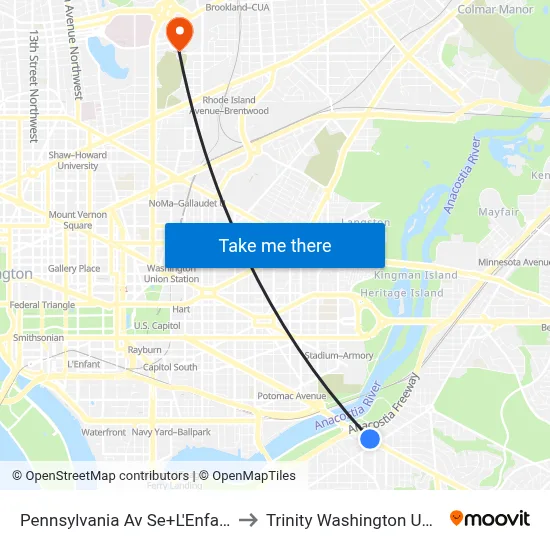 Pennsylvania Av Se+L'Enfant Sq SE to Trinity Washington University map